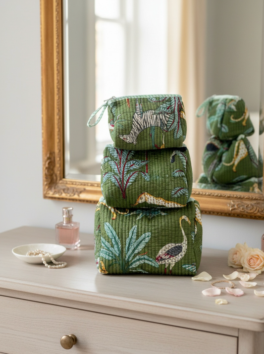 Green Jungle Block Printed Toiletry Bag - Set of 3 