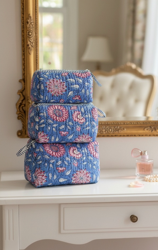 Blue Floral Block Printed Toiletry Bag - Set of 3 