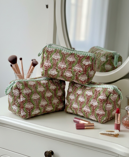 Green Block Printed Toiletry Bag - Set of 3 