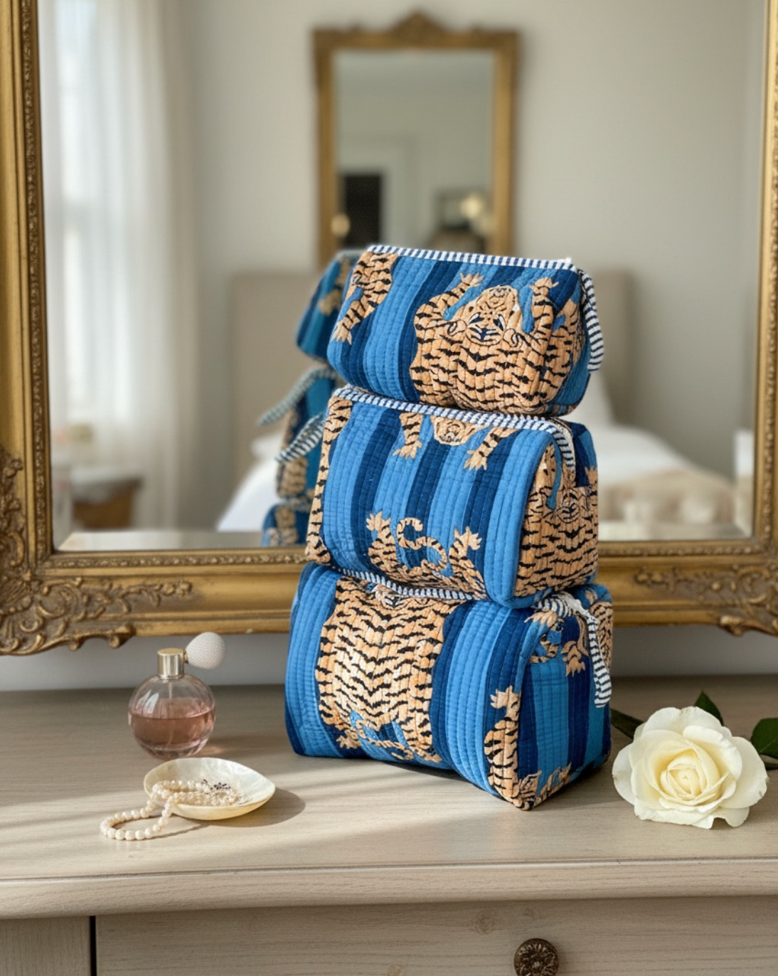 Blue Tiger  Block Printed Toiletry Bag - Set of 3