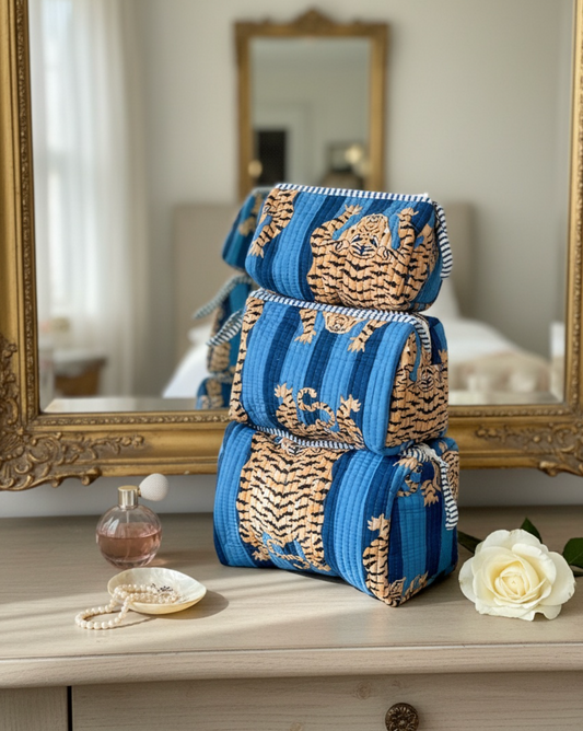 Blue Tiger  Block Printed Toiletry Bag - Set of 3
