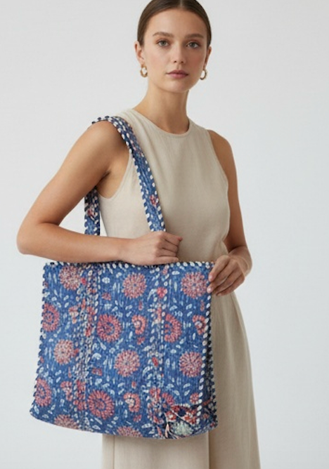 Blue Floral  Block Printed Tote Bag