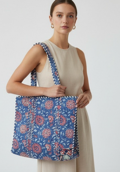 Blue Floral  Block Printed Tote Bag