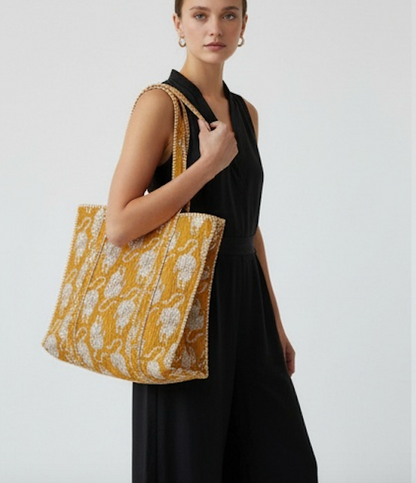 Yellow Tiger  Block Printed Tote Bag