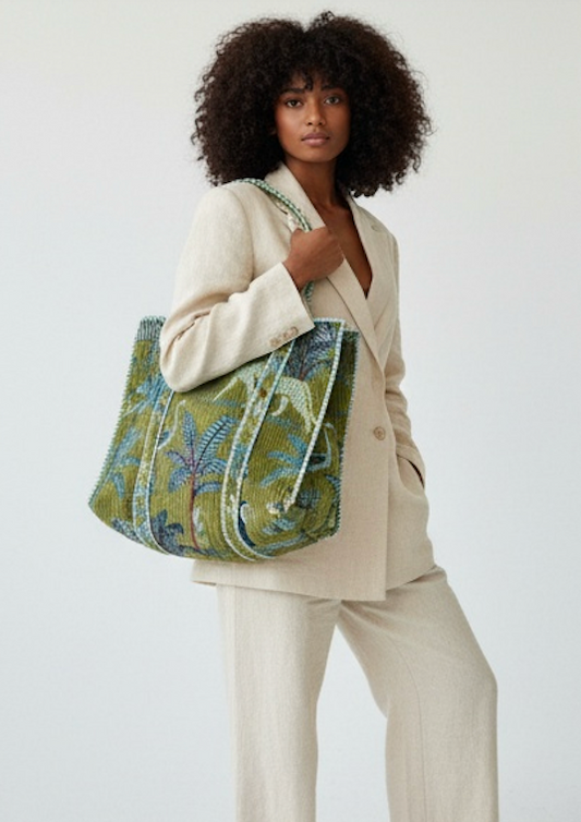 Velvet Block Printed Green Jungle Tote Bag