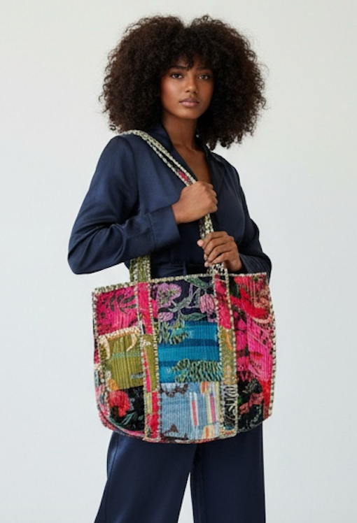 Velvet Patchwork Printed Tote Bag