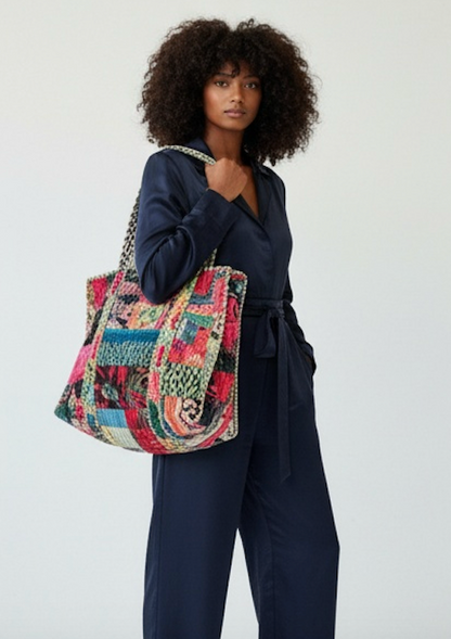 Velvet Patchwork Printed Tote Bag
