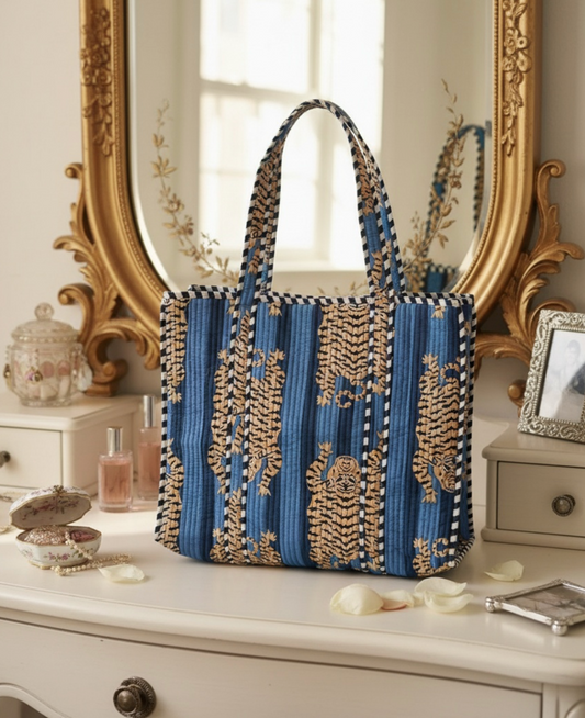 Blue Block Printed Tote Bag