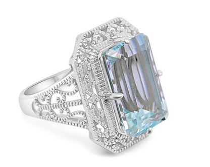 Art Deco Light Blue Aquamarine Solitaire Ring in Sterling Silver