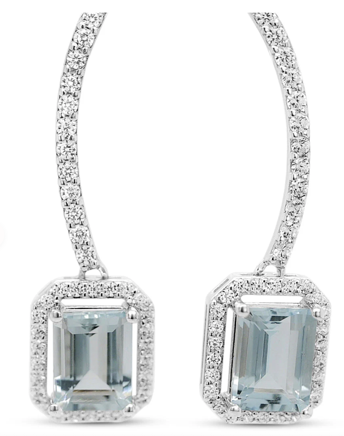 Octagon Aquamarine and Round White CZ / Rhodium Plated Sterling Silver 49.40 cts / 2.75 Gm Earring PJC31628E