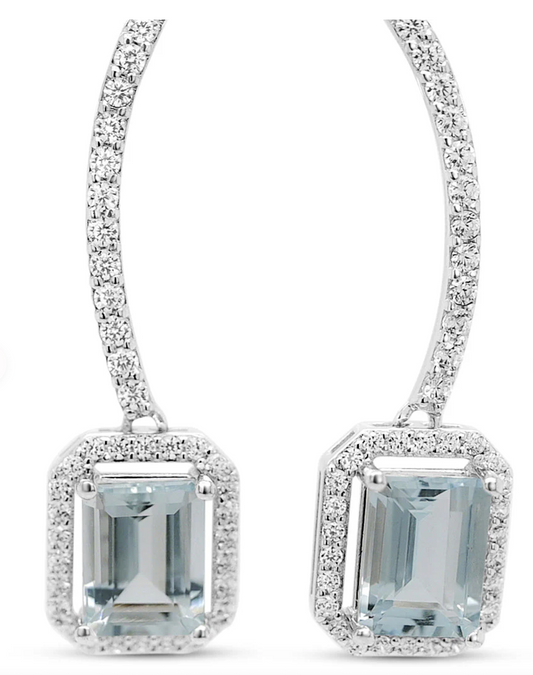 Octagon Aquamarine and Round White CZ / Rhodium Plated Sterling Silver 49.40 cts / 2.75 Gm Earring PJC31628E