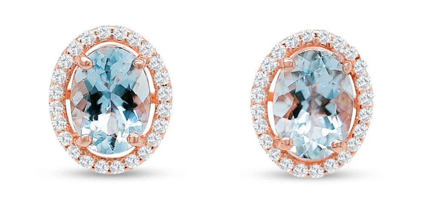 Oval Aquamarine and Round CZ / Rose Metal Plated Sterling Silver 23ct / 1.45 Gm Earring PJC2142E