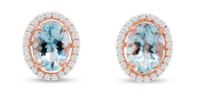 Oval Aquamarine and Round CZ / Rose Metal Plated Sterling Silver 23ct / 1.45 Gm Earring PJC2142E