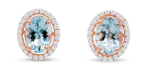 Oval Aquamarine and Round CZ / Rose Metal Plated Sterling Silver 23ct / 1.45 Gm Earring PJC2142E