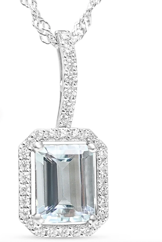 Octagon Aquamarine Halo Pendant in Rhodium-Plated Sterling Silver (PJC31628P)
