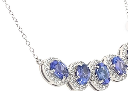 4 Carat Tanzanite Necklace: Oval-Cut, 5-Stone, Rhodium-Plated Jewelry (PJC6816N-E)