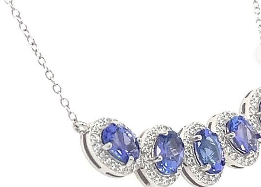 4 Carat Tanzanite Necklace: Oval-Cut, 5-Stone, Rhodium-Plated Jewelry (PJC6816N-E)