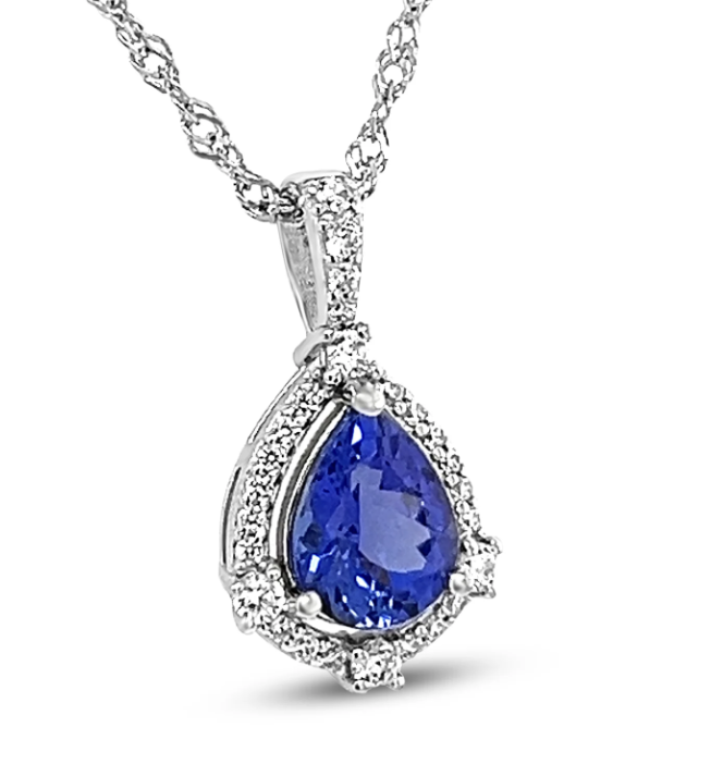 Halo Tanzanite Pendant in 925 Sterling Silver - 9x7 mm Pear Gemstone (1 Stone) (PJC31661P)
