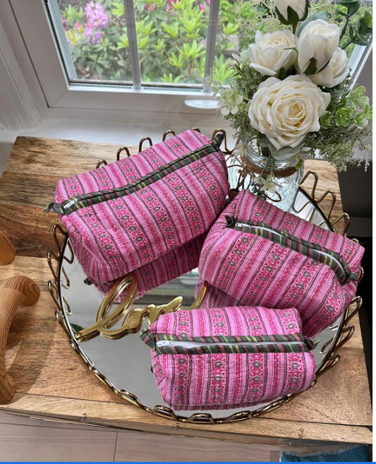 Pink Block Printed Toiletry Bag - Set of 3