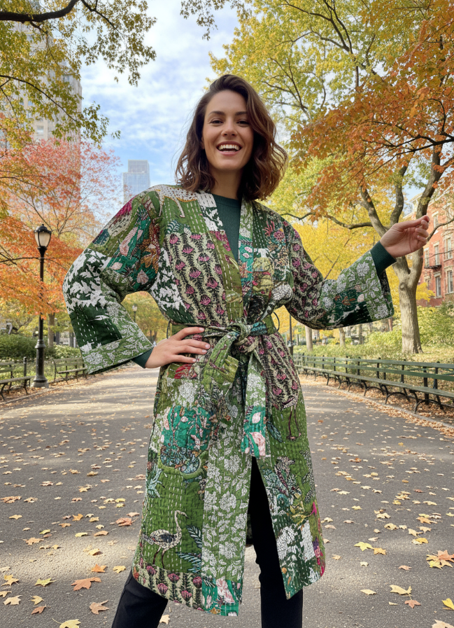Green Quilted Cotton Kimono Robe