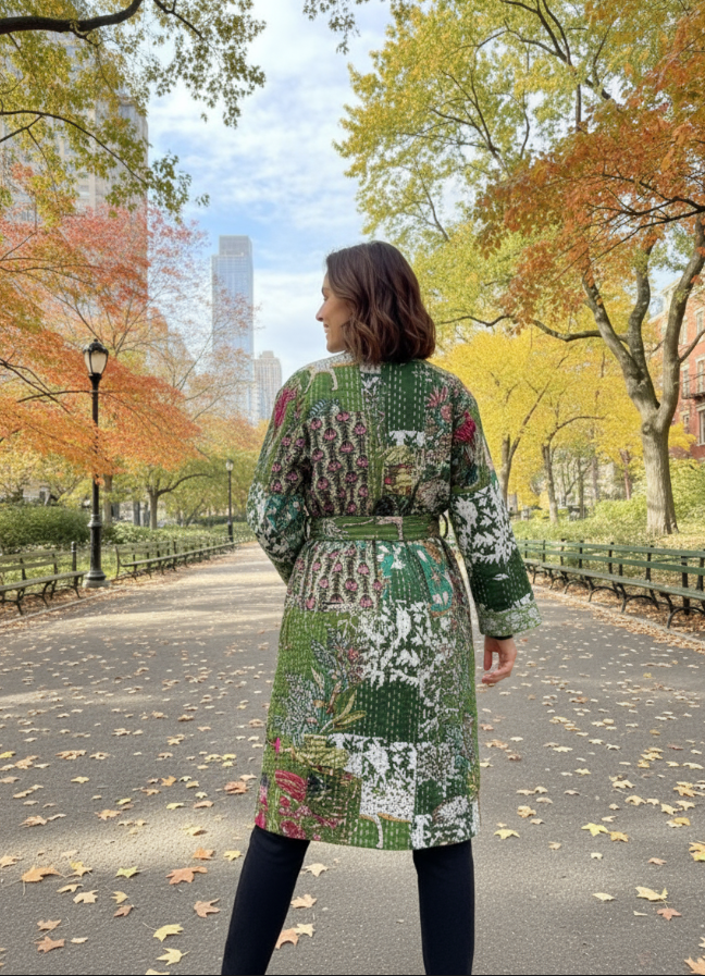 Green Quilted Cotton Kimono Robe
