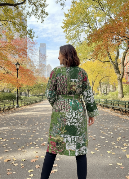 Green Quilted Cotton Kimono Robe