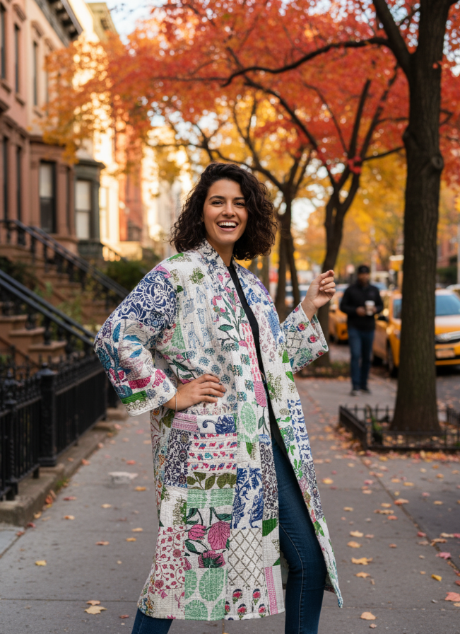 White Block Print Reversible Robe