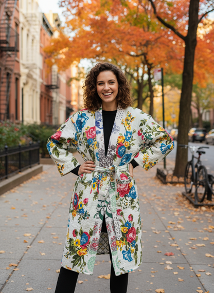 White Block Print Reversible Robe