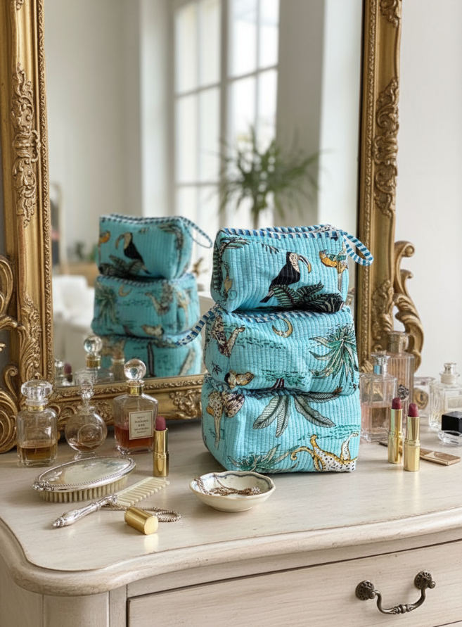 Sky blue Animal Print Toiletry Bag - Set of 3 