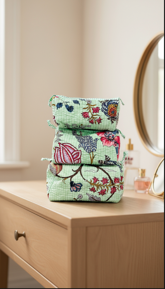Green Floral Toiletry Bag - Set of 3 