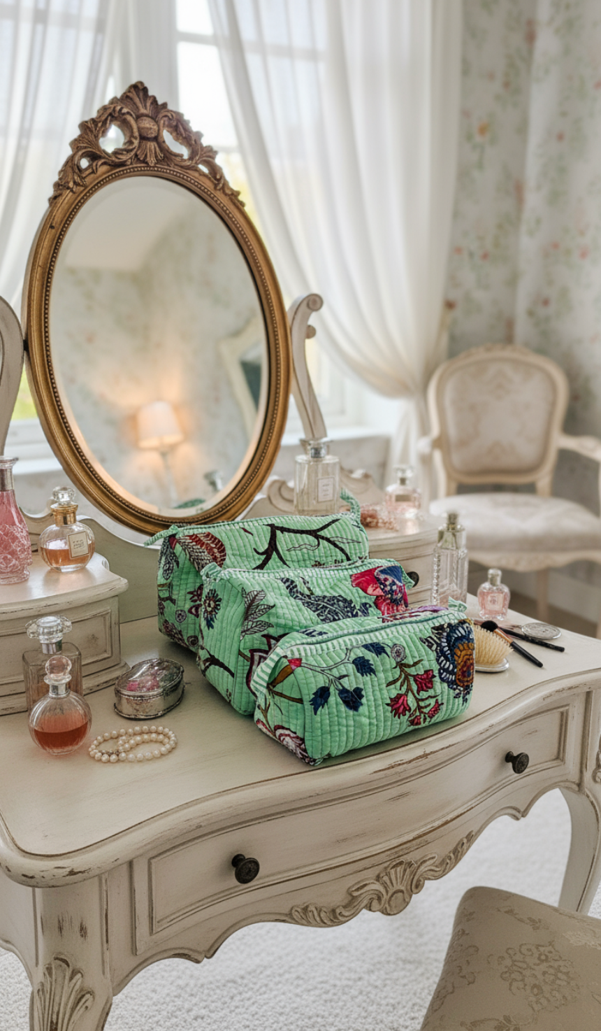 Green Floral Toiletry Bag - Set of 3 