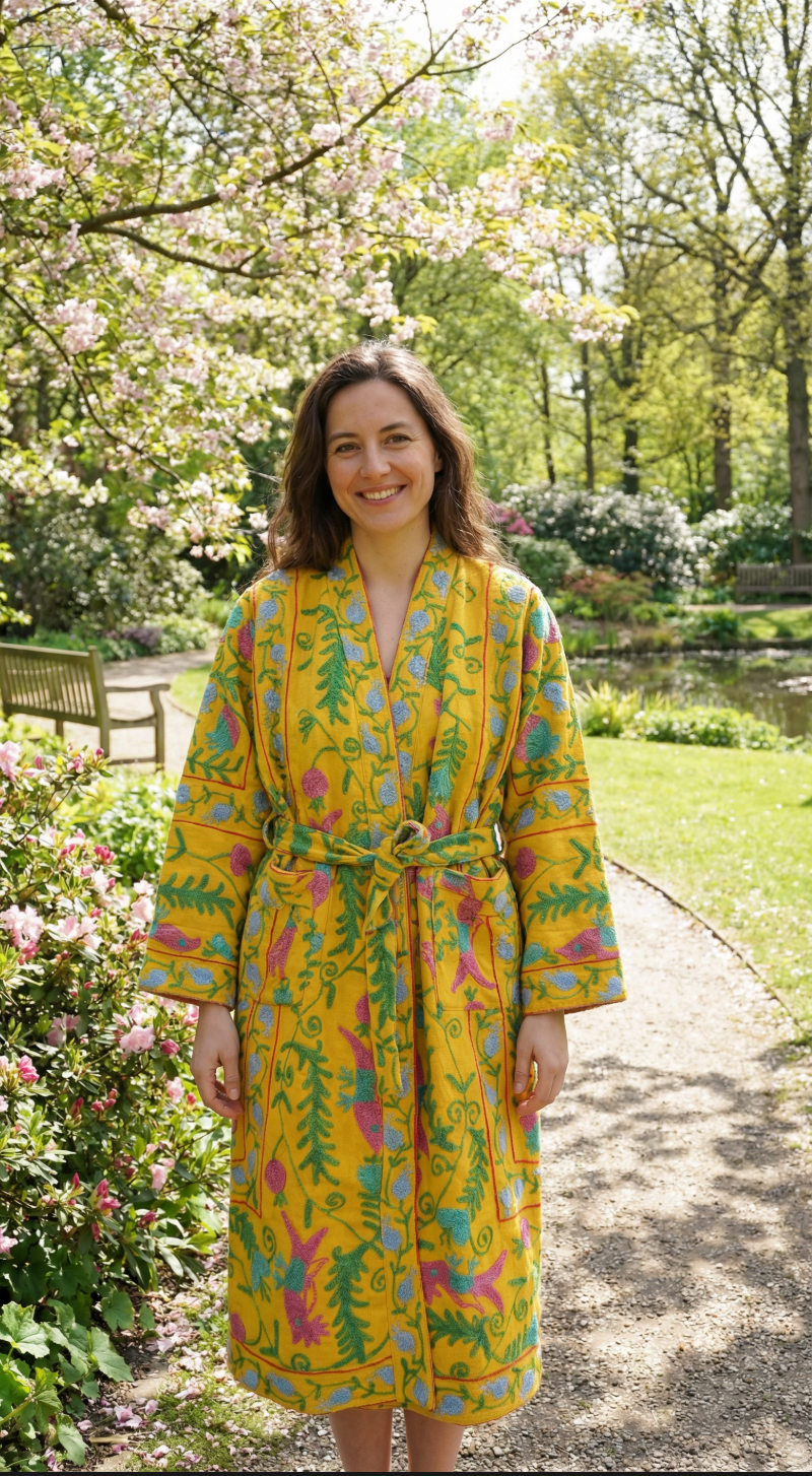 Suzani Embroidery Bath Robe in Yellow