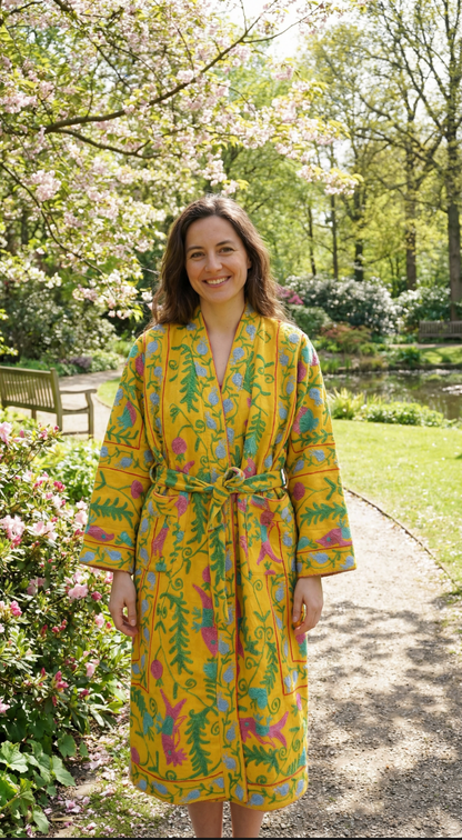 Suzani Embroidery Bath Robe in Yellow