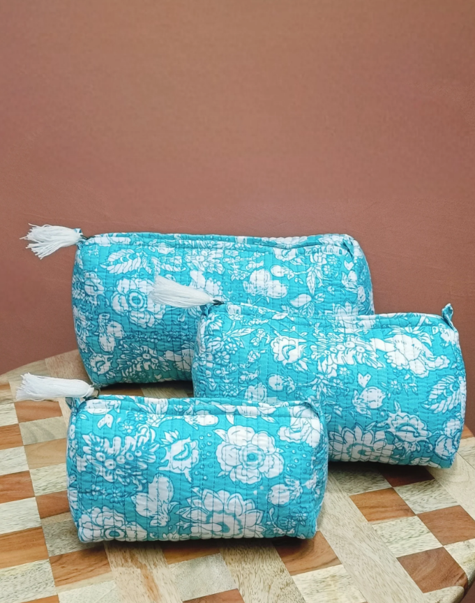 Blue Floral Cosmetic Bag Set of 3