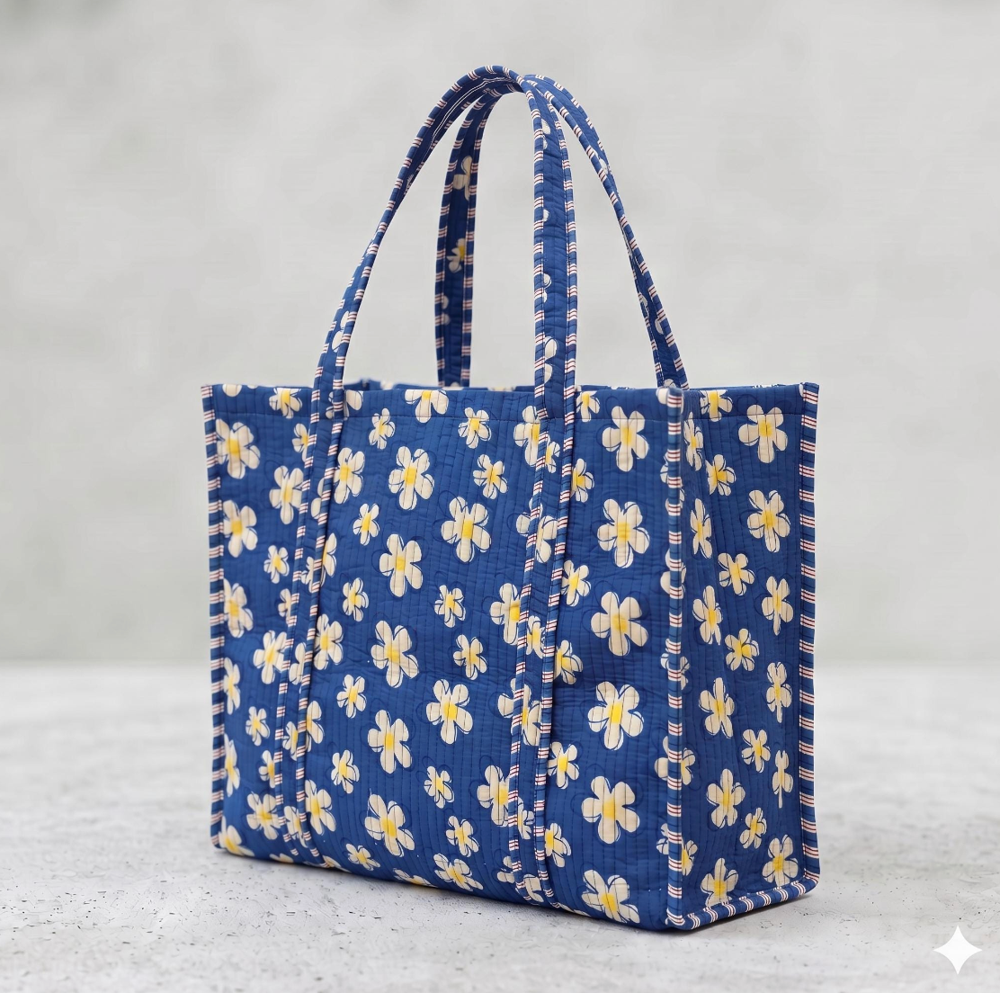 Floral Quilted Tote Bag and Toiletry Pouch Set, Blue Daisy Print 4 Piece Travel Kit
