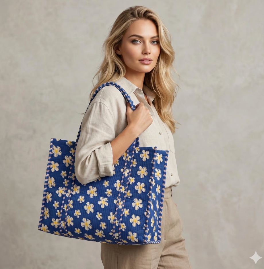 Floral Quilted Tote Bag and Toiletry Pouch Set, Blue Daisy Print 4 Piece Travel Kit