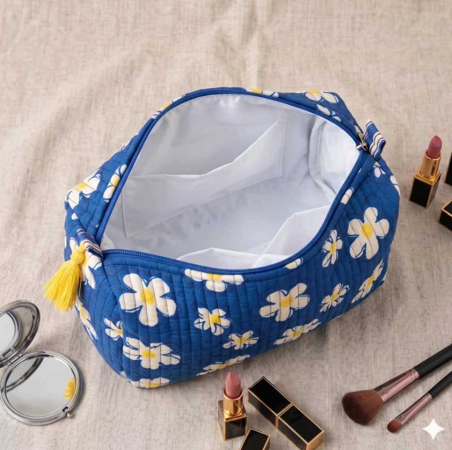 Floral Quilted Tote Bag and Toiletry Pouch Set, Blue Daisy Print 4 Piece Travel Kit