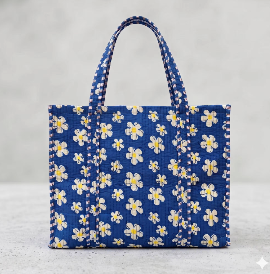 Floral Quilted Tote Bag and Toiletry Pouch Set, Blue Daisy Print 4 Piece Travel Kit