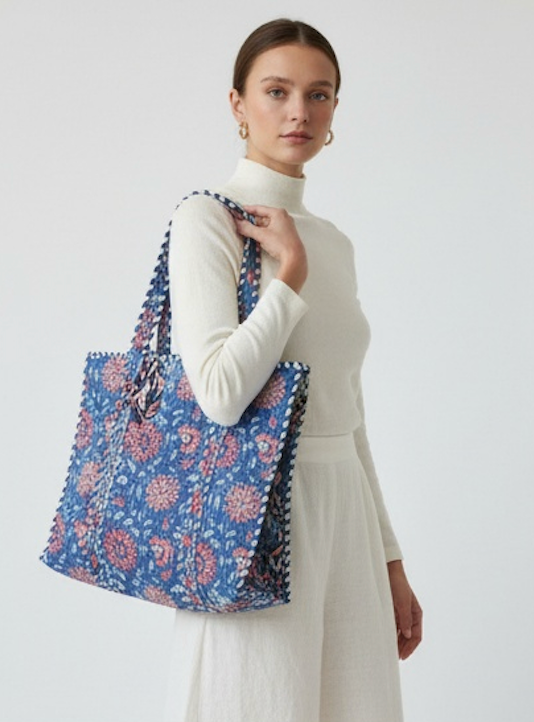 Blue Floral  Block Printed Tote Bag