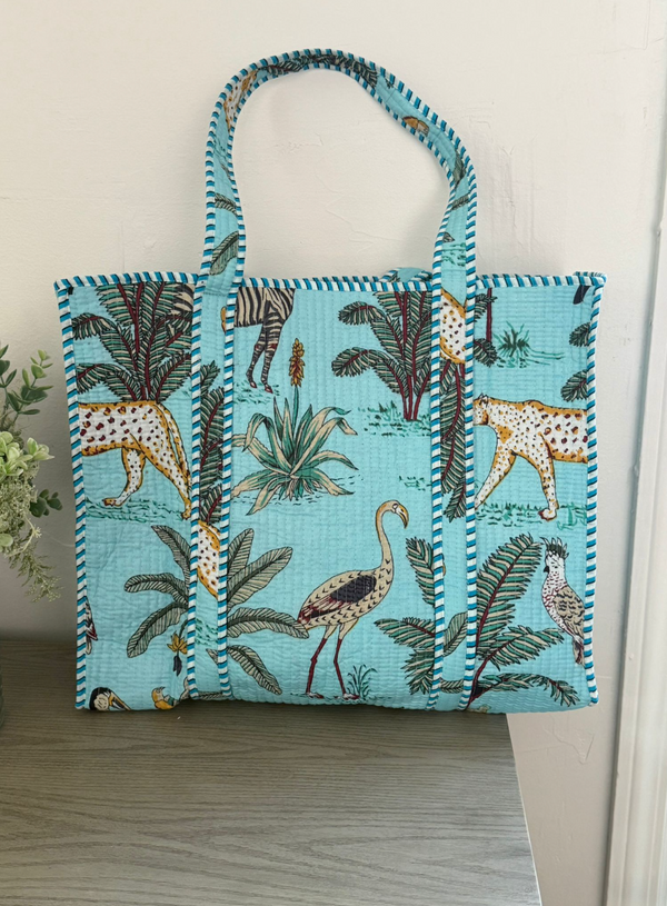Baby Blue Animal Block Printed Tote Bag
