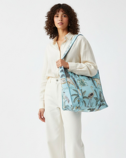 Baby Blue Animal Block Printed Tote Bag