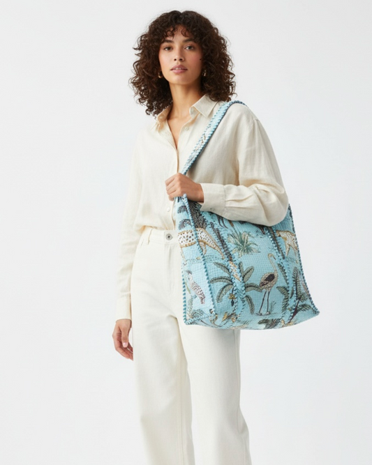 Baby Blue Animal Block Printed Tote Bag