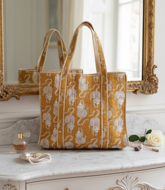Yellow Tiger  Block Printed Tote Bag