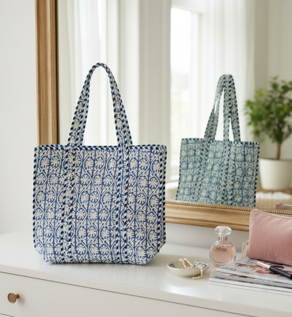 Baby Blue  Block Printed Cotton Tote Bag