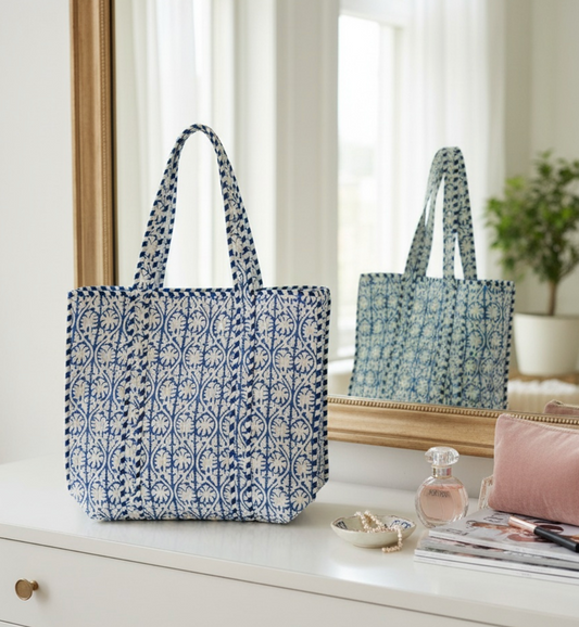 Baby Blue  Block Printed Cotton Tote Bag
