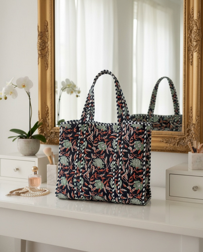 Black Floral Cotton Tote Bag