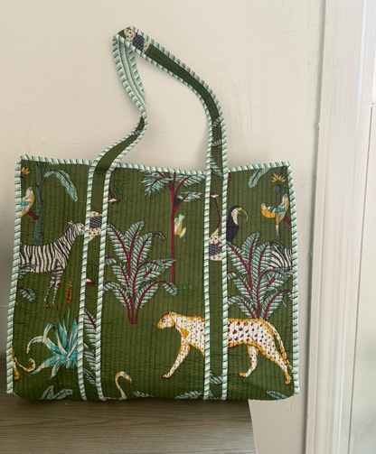 Block Printed Green Tote Bag
