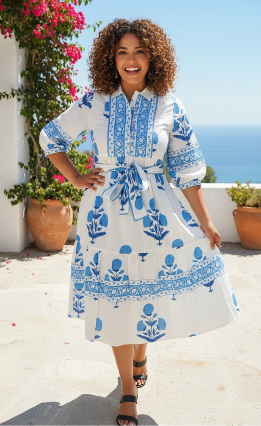 Blue Block Printed Midi Dress