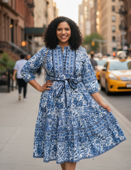 Blue Block Printed Midi Dress with Belt