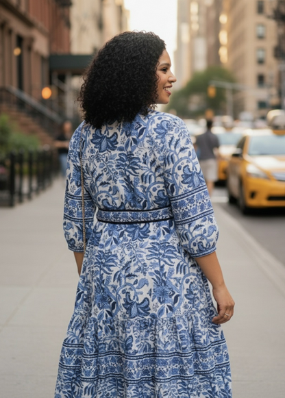 Blue Block Printed Midi Dress with Belt